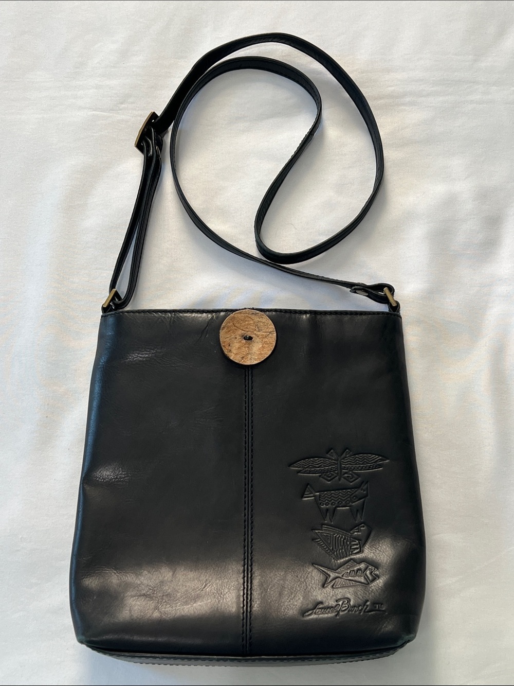 Vintage 90s Laurel Burch Black Leather Tooled Tribal Animals Crossbody